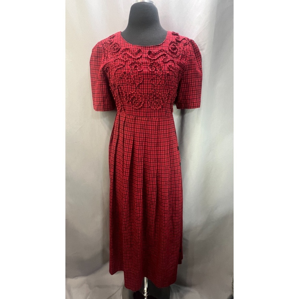 Plaza South Maxi Dress Womens 6 Red Black Plaid Belted Waist Ruffle Hem Festival